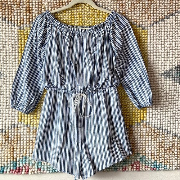 Lined Elastic Romper with Blue and White Stripes - Picture 1 of 5